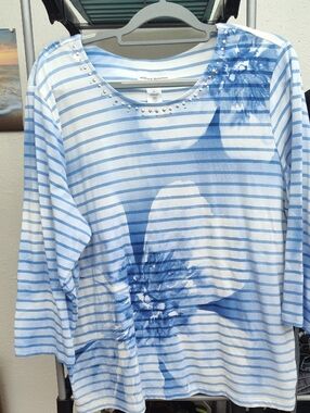 Alfred Dunner Light Blue & White Striped Floral Long Sleeve Top